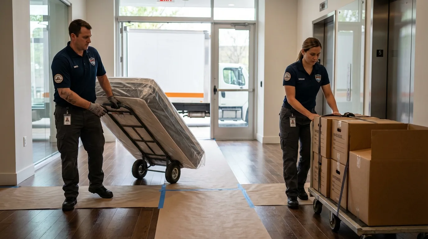 Professional apartment movers loading elevator in Centerville, GA